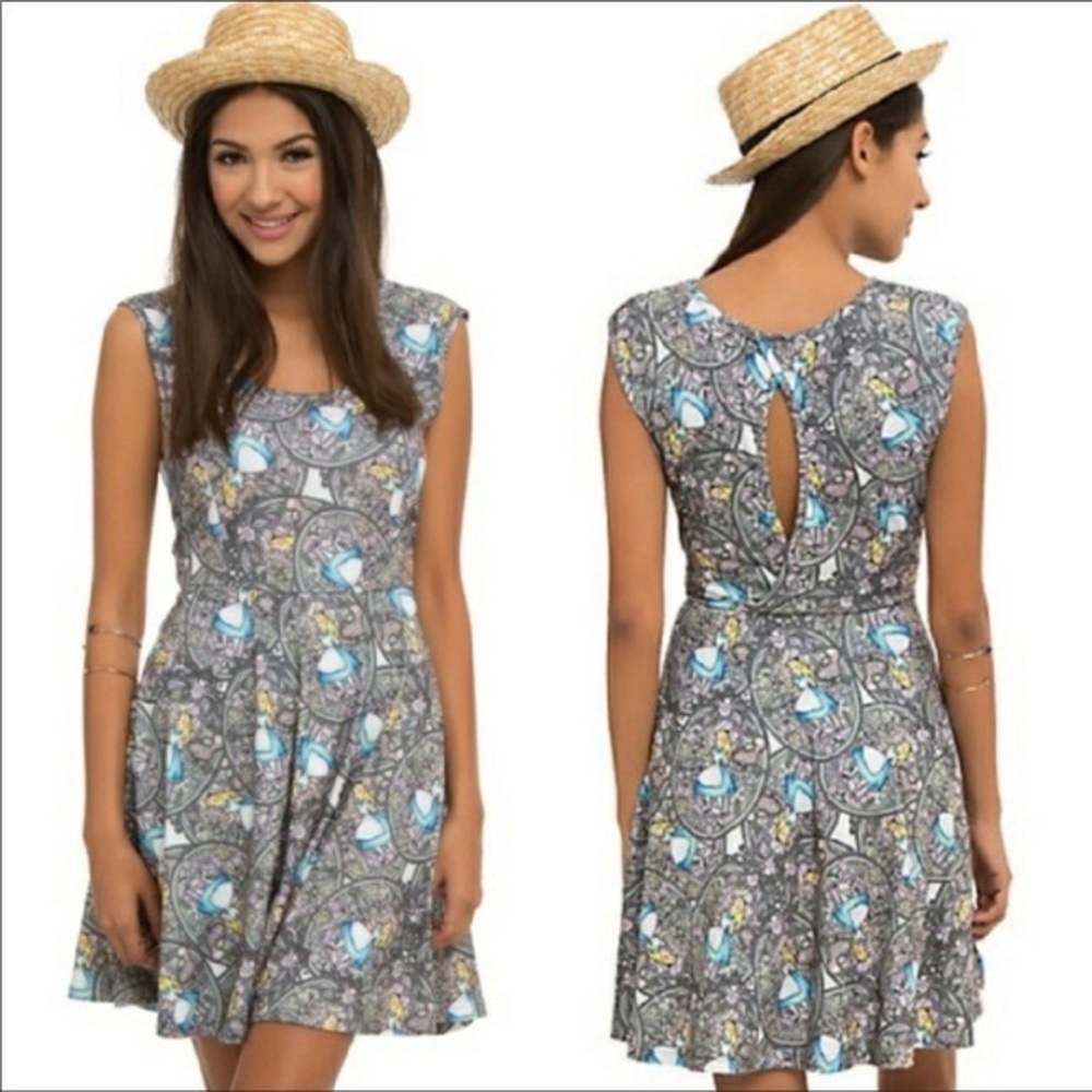 Hot Topic Gray Printed Midi Dress with Blue Accents